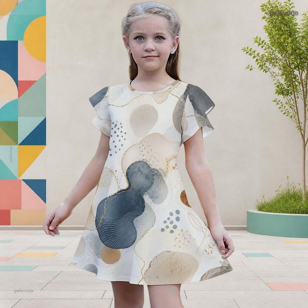 Girls Geometric Printed Round Neck Flutter Sleeve A Line Flared Dress