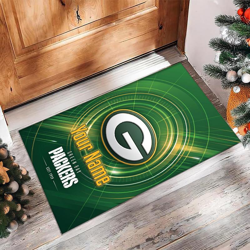 Green Bay Packers Crystal Velvet Rug, Custom Name Text Personalized Non‑Slip Floor Mat for Home Decor Gift