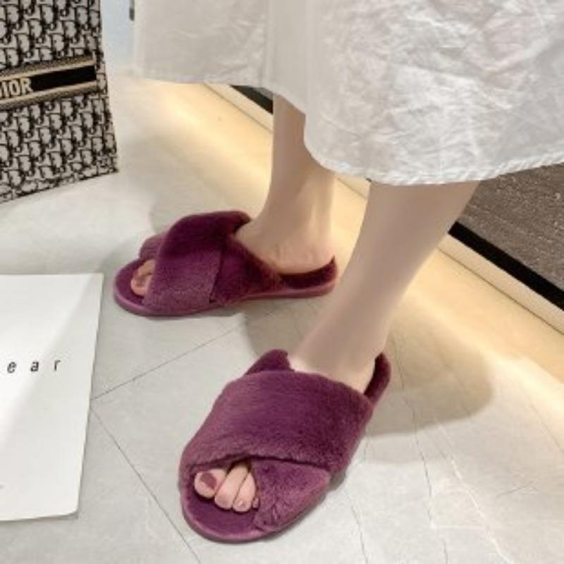 Large Size Fluffy Slippers Women's Autumn and Winter New Flat Bottom Home Indoor Cross Plush Cotton Mop