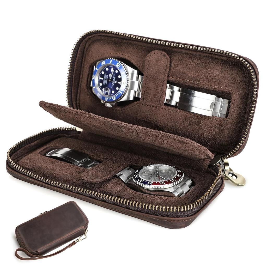 Contact's Family Genuine Leather Watch Case for 2 Watches, Portable Dustproof Travel Watch Case with Double Zipper Design