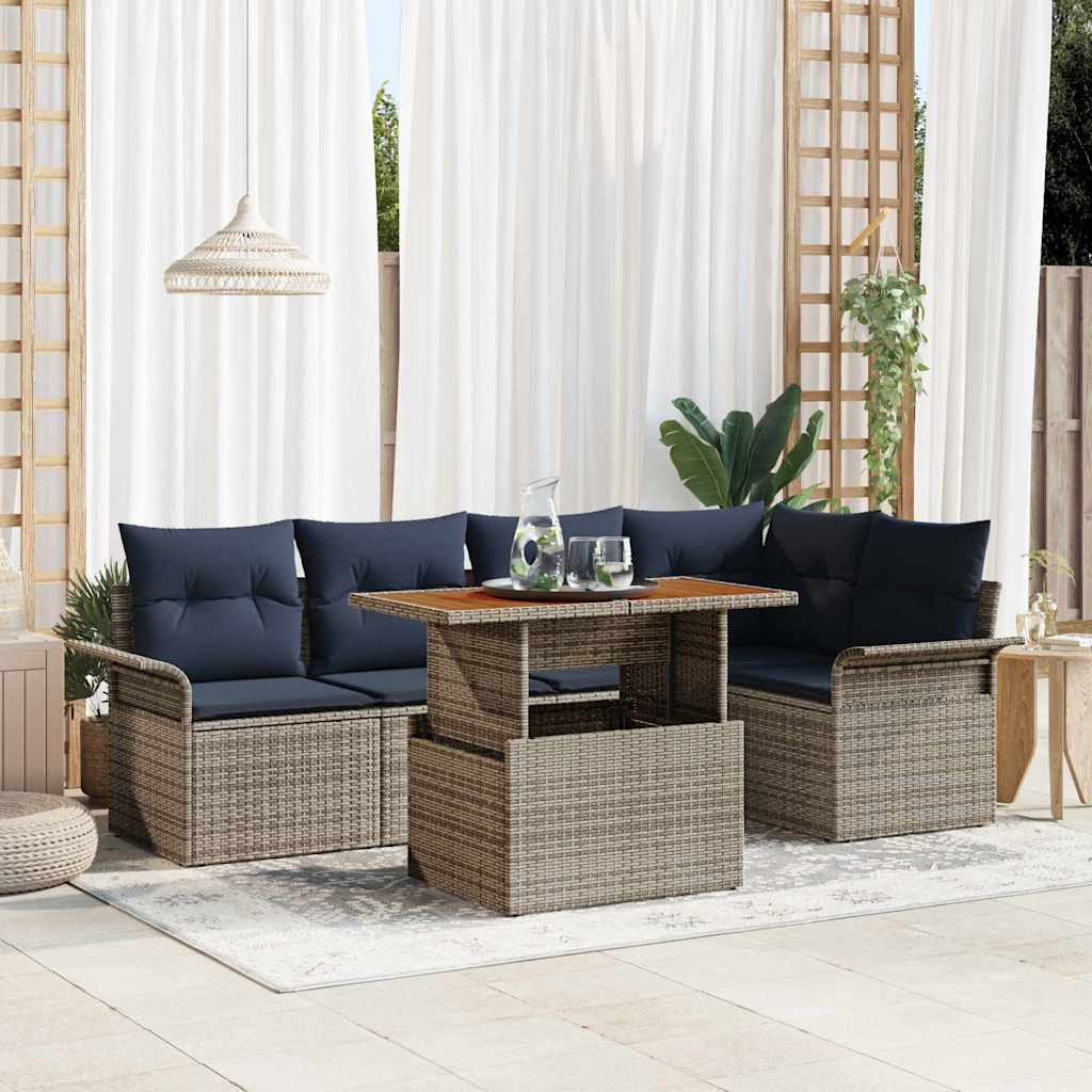 Garden Sofa Set with Cushions 6 Pcs Grey and Navy Blue Poly Rattan