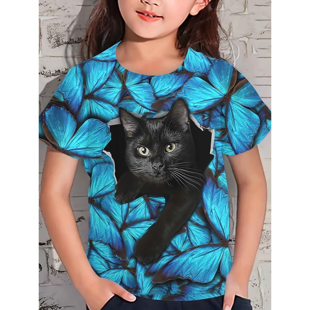 Children's T-Shirt With Cute Cat Print Pattern Summer Girls Breathable Kids Short-Sleeved High-Quality Top Birthday Gift