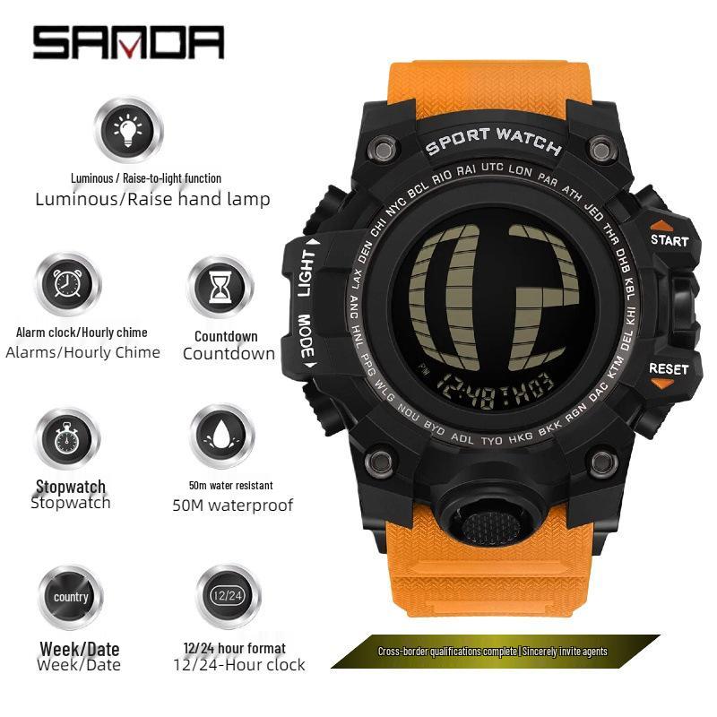 Sanda Multifunctional Waterproof Luminous Electronic Watch for Students – Unisex with Raise Hand Light Feature.