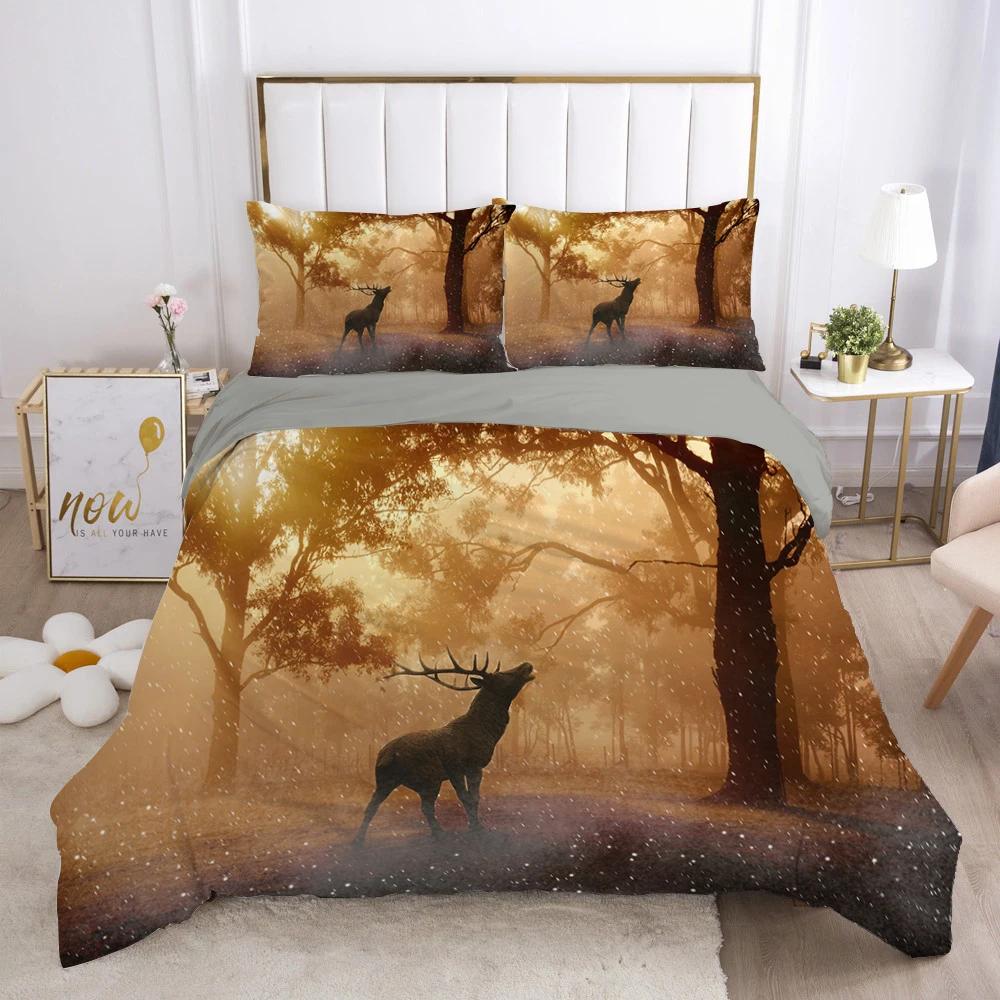 Christmas Deer King Queen Duvet Cover Animal Elk Bedding Set 2/3pcs for Kids Teens Adults Blue Soft Quilt Cover with Pillowcase