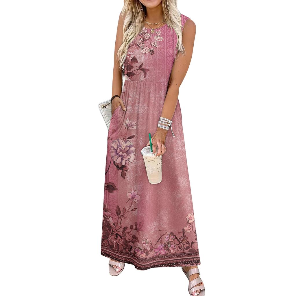Ladies' Floral Print Casual and Fashionable Waist Cinched Sleeveless Dress
