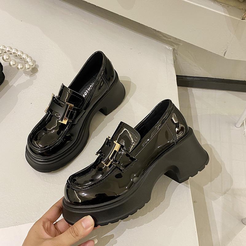 High-heeled Single Shoes Women's Spring and Autumn New Small Leather Shoes with Metal Buckles and Thick Heels for Women