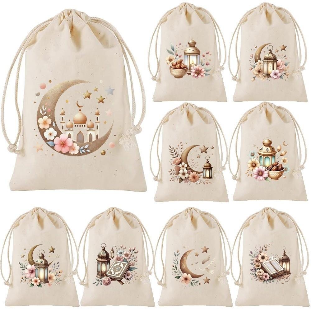 12 piece/set Reusable Eid Al Fitr Cotton Bags Decorative with Drawstring Candy Storage Bag Festival Gift Packaging Bags