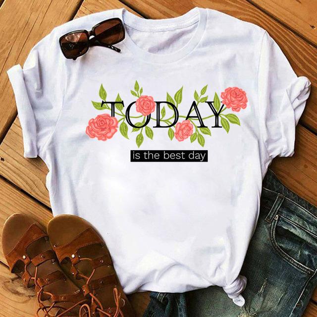 Fashion Women T Shirt Flower Printed T Shirt Casual Black Tops 90s Ladies Girl Tee Shirt Female Harajuku Graphic T -Shirt