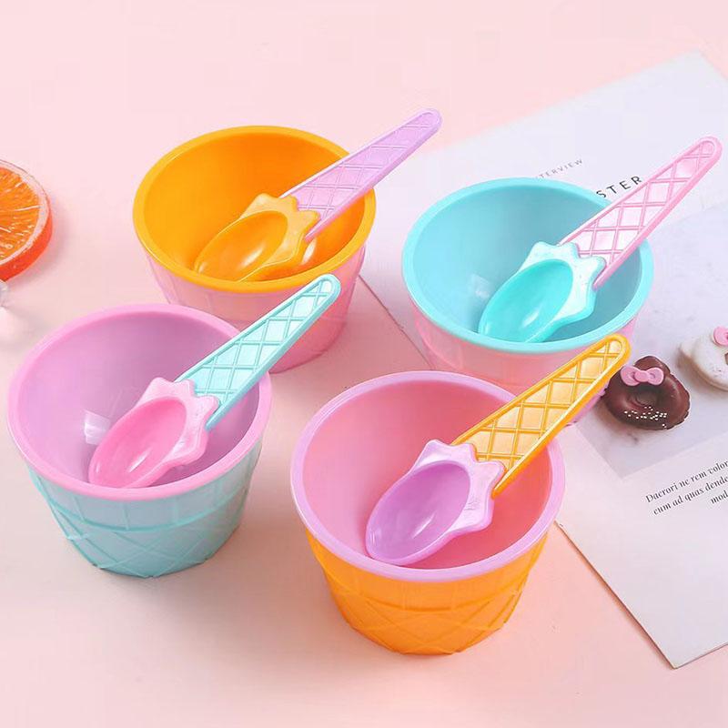 Ice Cream Serving Bowl Set with Spoons - Double Layer Cartoon Plastic Bowls for Creative Desserts