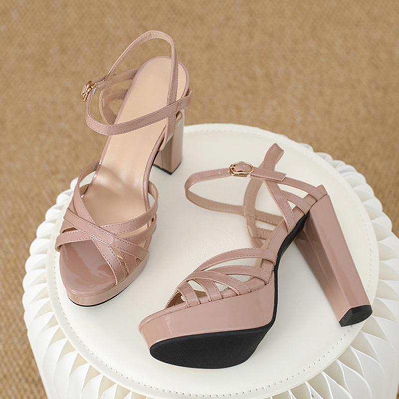 Fashion Liyke Black Apricot Patent Leather Narrow Band Peep Toe Chunky Platform Sandals Women Thick High Heels Runway Party Dress Shoes