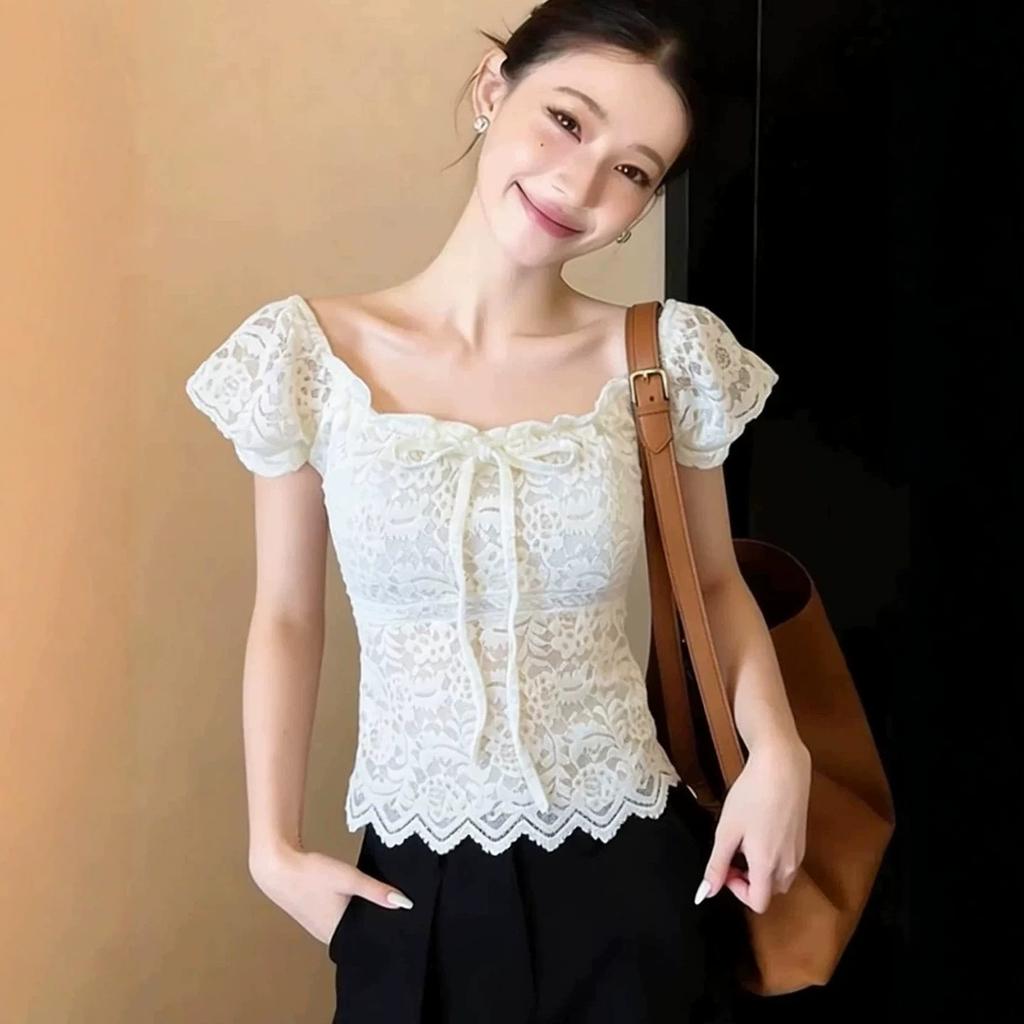 Korean Lace Shirt Splicing Square Neck Lace-up Short-sleeved T-shirt Women's Summer Design Pure Desire Style Spice Girl Slim Top