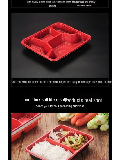 Four-Grid Disposable Plastic Bento Lunch Box with Lid, Multi-Compartment Food Packaging Container.