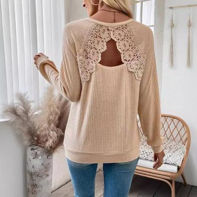 Women's Back Patchwork Lace Trim Hollow Out Raglan Sleeve Long Sleeve T Shirt Top Women Fashion Daily Basic Casual Slim Fit Ladies Elegant Top