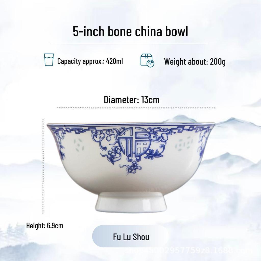 Blue and White High-Foot Bone China Noodle Bowl - Chinese-Style, Anti-Scald, Customizable for Birthdays