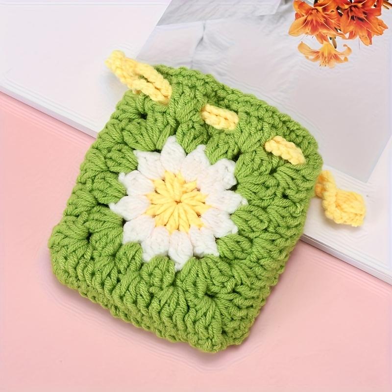 Cute Sunflower Drawstring Bag - Hand-Woven Coin Purse, Earphone Wallet with Crochet Protective Case, Storage Pouch, Handbag