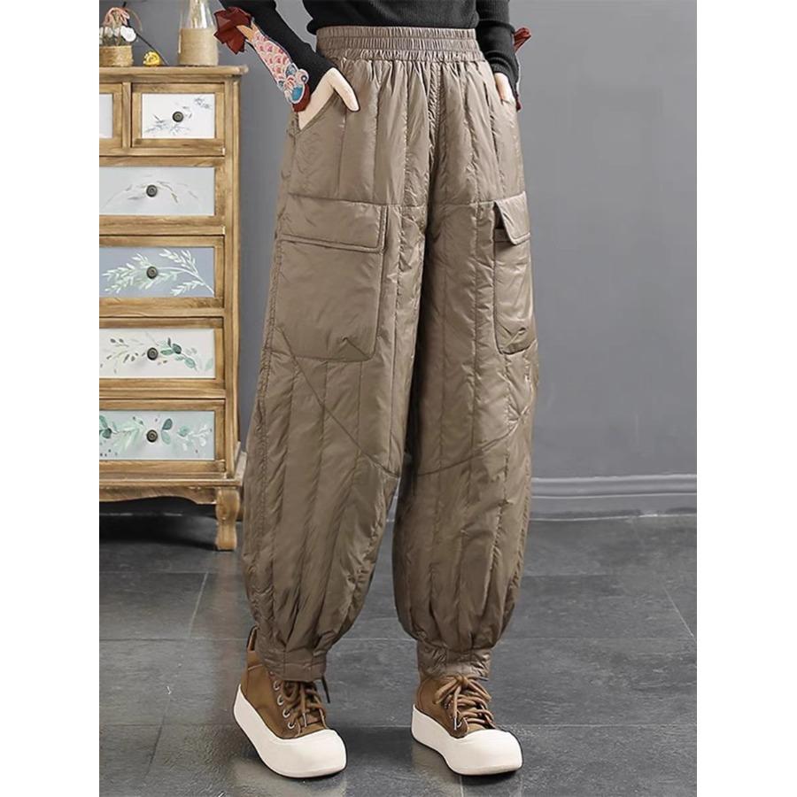 Winter New Casual Versatile Elastic Waist Covering Hips Wide Legs Warm High Waist Long Pants