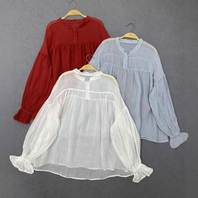 Johnature Spring Summer Forest Vintage Blouses Round Neck Stitching Light Sunscreen Irregular Shirts Women