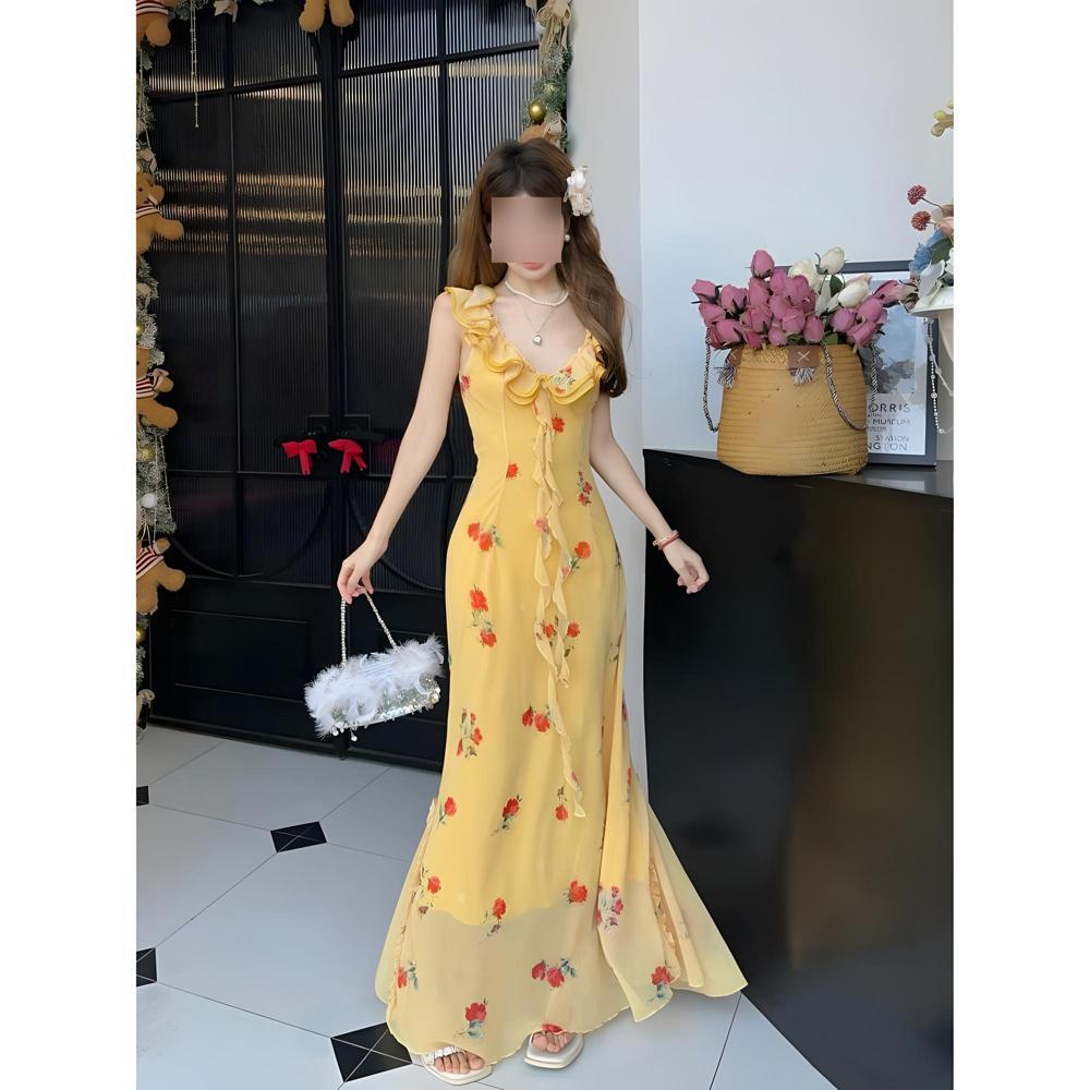 

Женское первое летнее новое платье без рукавов с V-образным вырезом для пляжного отдыха, длинное платье с уникальными цветами и красивой сборкой на талии XL- (recommended 110-60kg) жёлтый