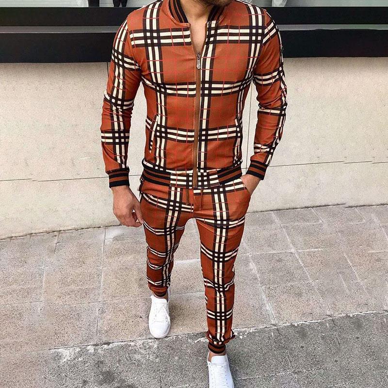 Men's Tracksuit 3D Plaid Printed Sports Casual Set Fashion British Style Gentleman Jacket Tether Trousers 2-piece Suit