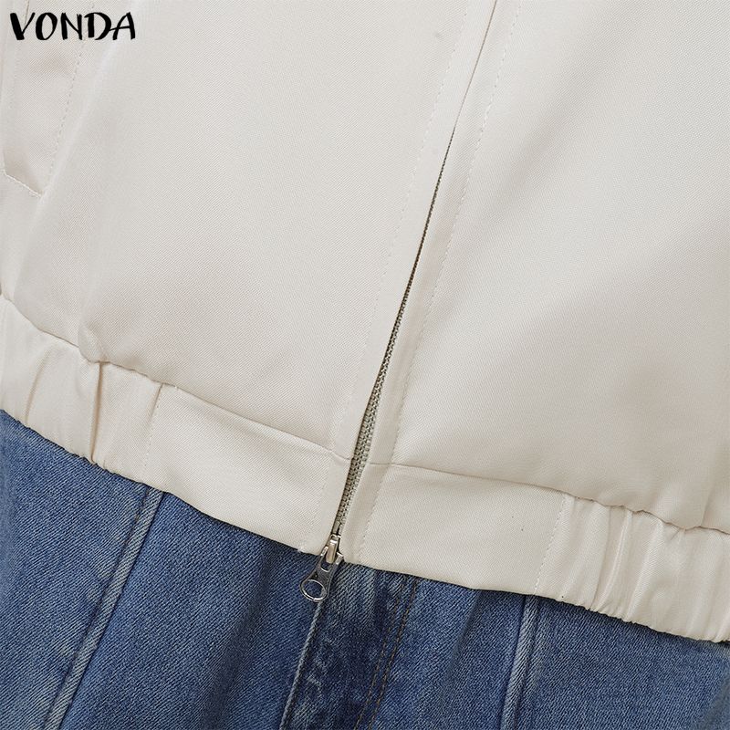 VONDA Spring Women Lapel Neck Long Sleeve Zip-up Thin Casual Cropped Jackets Coats
