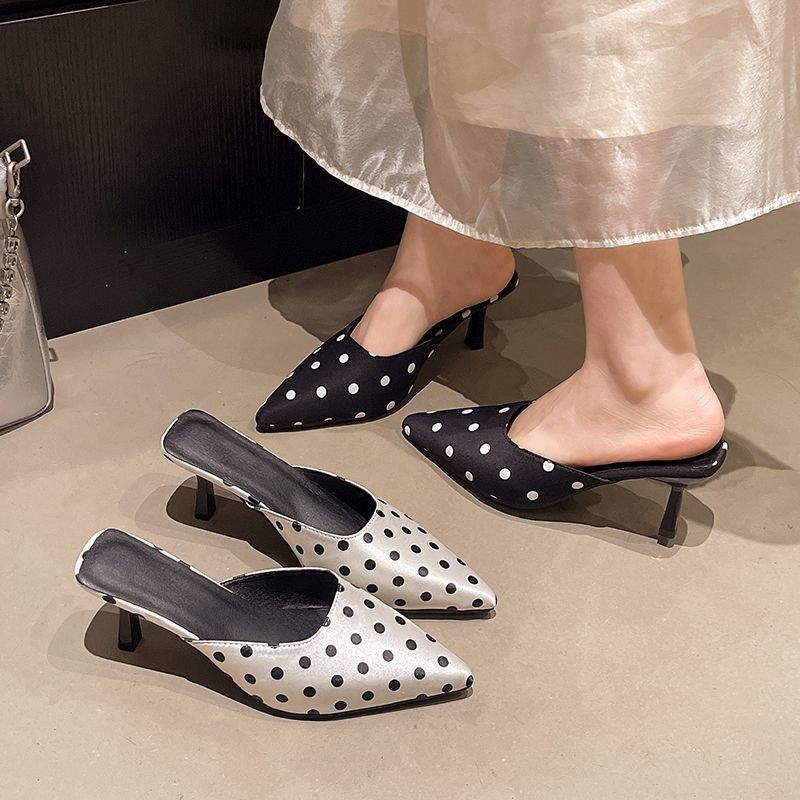 New Vintage Polka Dot Pointed Toe Mules Ladies Kitten Heel Satin Comfy Casual Daily Shoes For Women Summer Fashion Heeled Sandal