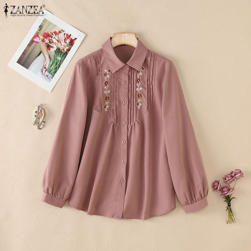 ZANZEA Women Casual Turn Down Collar Loose Embroidery Print Long Sleeve Blouse