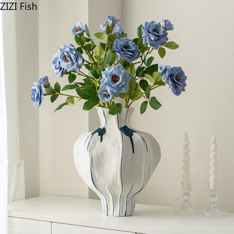 Handicrafts Painted Pattern Ceramic Vase Irregular Shape Flower Pots Table Decoration Flowers Arrangement Room Aesthetic Decor