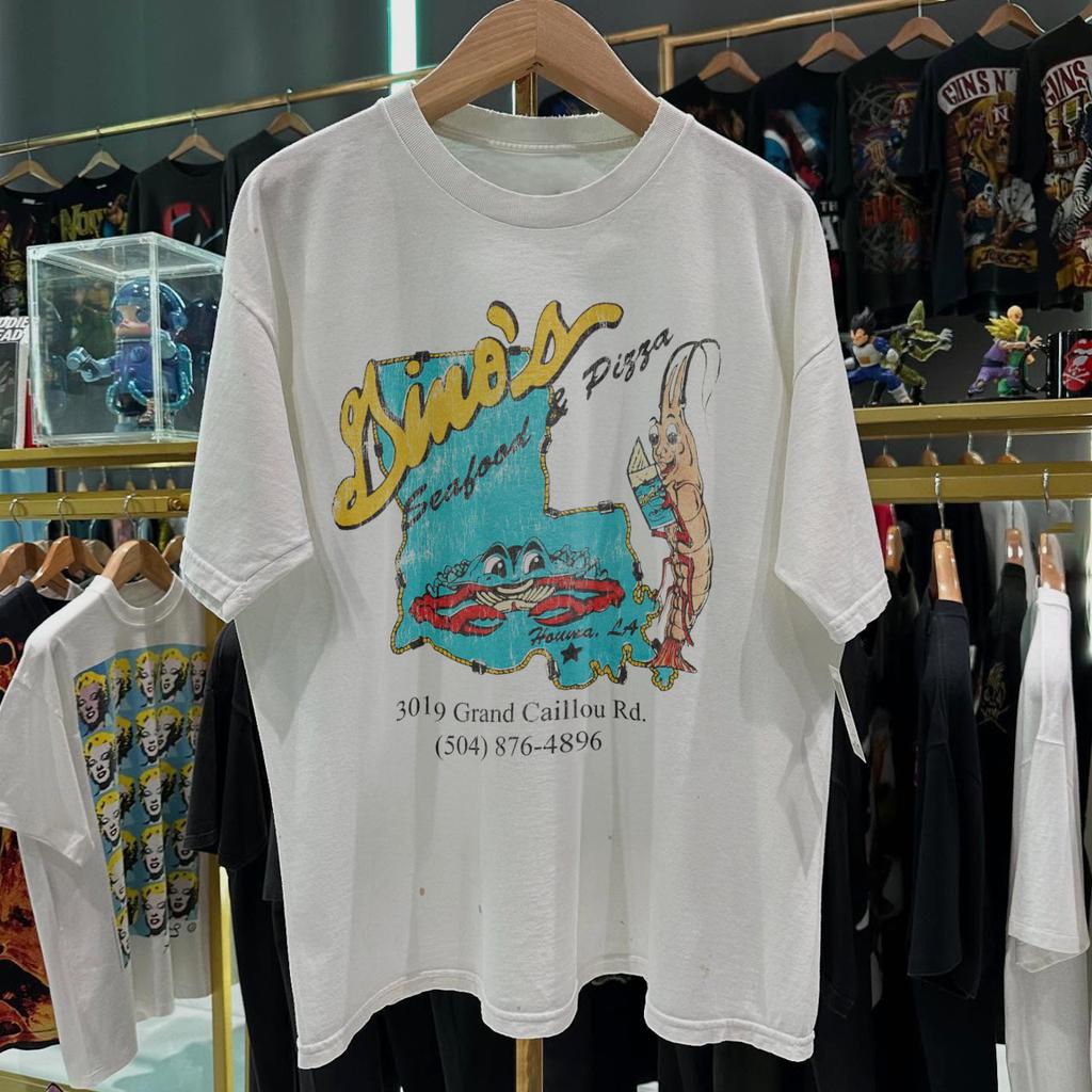 90s Dinos Seafood And Pizza Aged T-Shirt White S