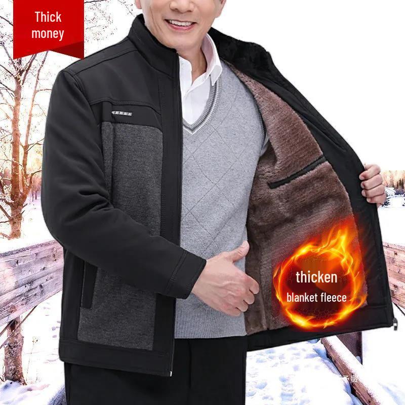 Velvet-Lined Thick Jacket for Men (Ages 60-70) - Warm Autumn/Winter Outerwear