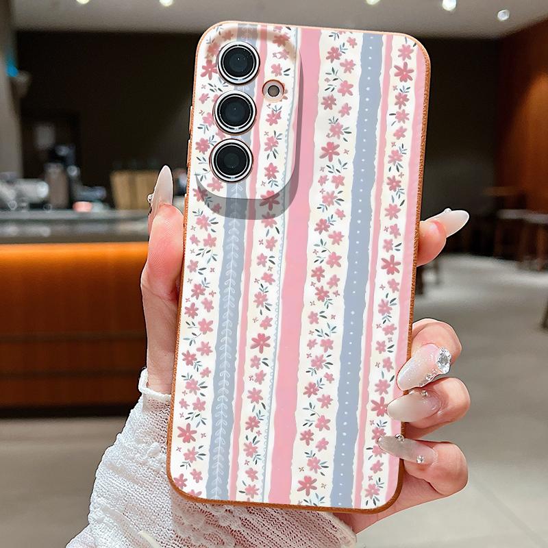 Floral Stripe Pattern Case For Samsung A57 A37 A17 A56 A36 A16 A55 A35 A15 A54 5G S21 FE S22 S23 S24 Plus S25 S26 Ultra Leather Texture Silicone Cover