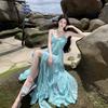 Blue-green vacation wind suspender dress edge photo fairy beach skirt travel photo good-looking skirt