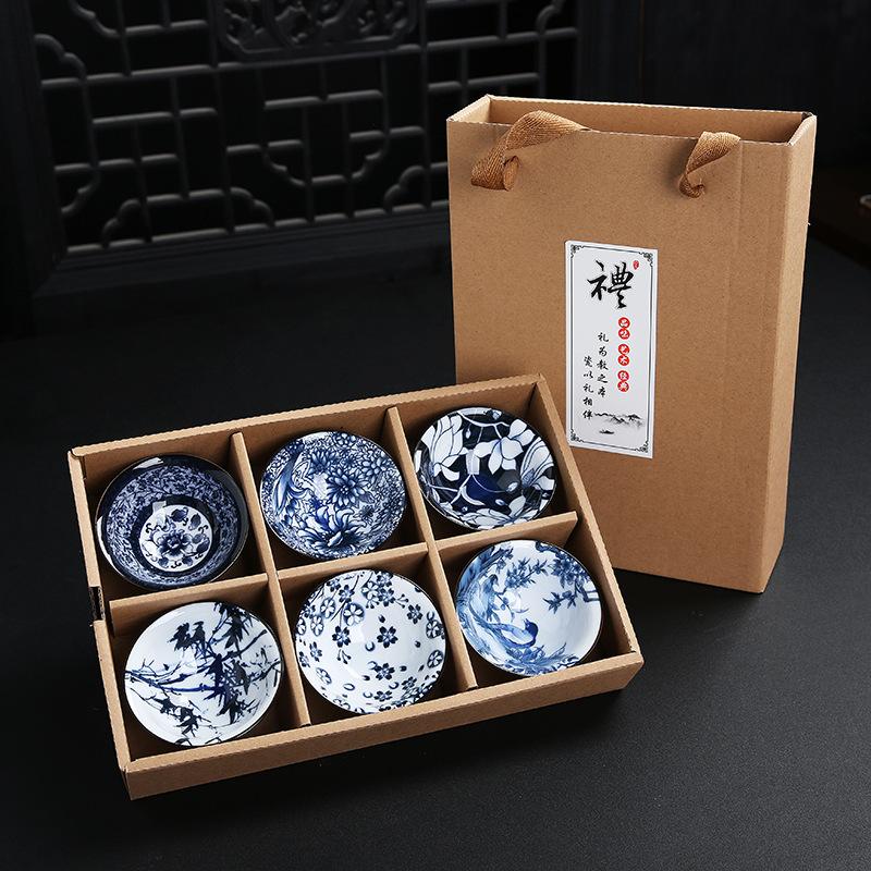 Ceramic Blue and Douli Set White Porcelain Hand-painted Household Kung Fu Tasting Bowl Tea Cup Kiln Ch