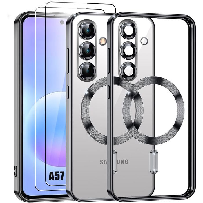 Coque Silicone - BOOLING - pour Samsung Galaxy A57 5G - avec Cercle Magnétique Noir - 2 Vitres