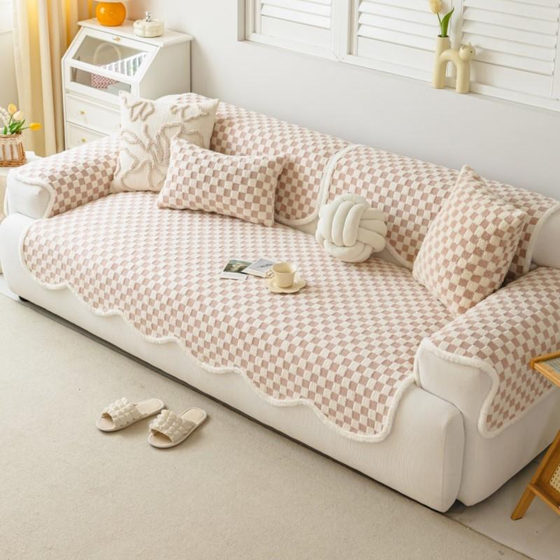 Plush Thicken Fringed Loveseat Pad Sitting Mat Minimal Balcony Mattress Special shaped Tatami Couch Protector Gentle Plaid Pattern Domestic Styling
