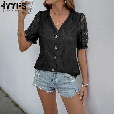 Women's Fashion Casual Summer Spring Solid Color Print Short Sleeve V-Neck Blouses & Shirts
