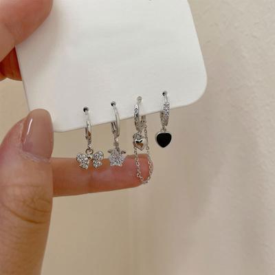 Black Love Bow Tassel Earrings Four-piece Set Earrings for Women Design Niche