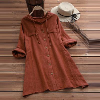 Fashion Plus Size Women's Pure Color All-Match Cotton and Linen Long-Sleeved Hooded Shirt Jacket Coat Skirt