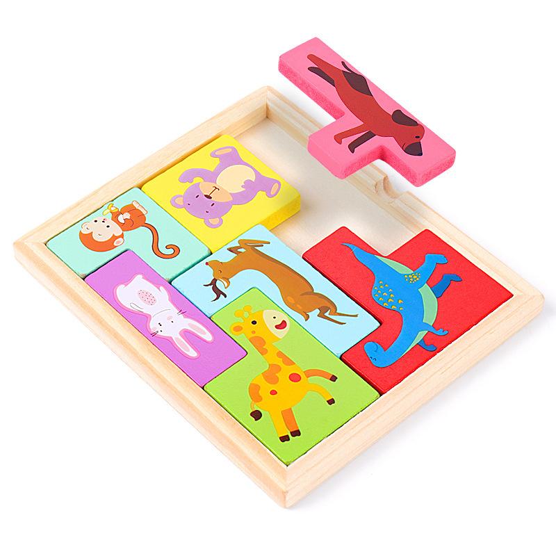 Printed Cute Animal 3D Wooden Puzzles Colorful Tangram Math Toys Pre-school Kids Intellectual Educational Children Toy