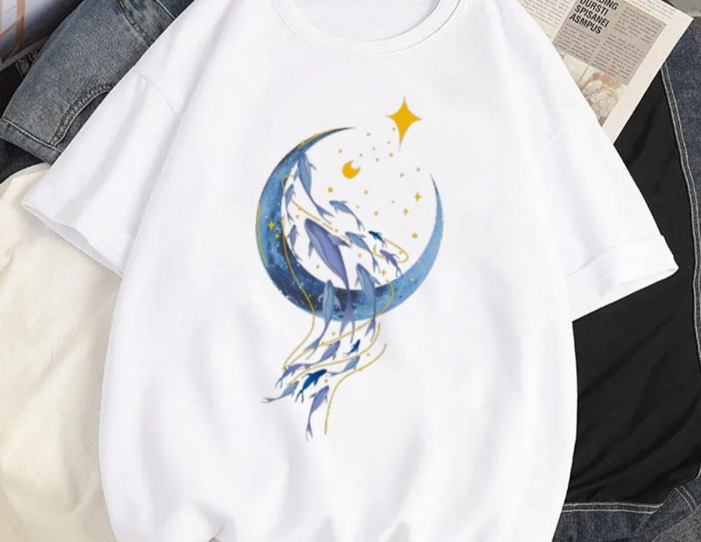 Women Y2K Fashion T Shirt Casual Loose Fit Tee with Cute Cartoon Whale Graphic Harajuku Style Top Daily Streetwear Oversized