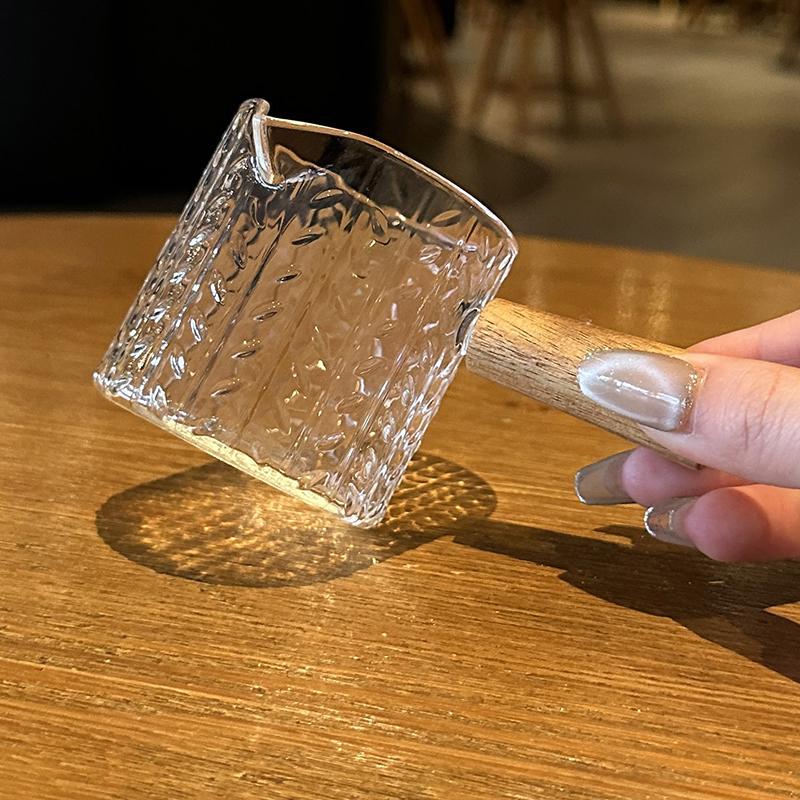 1Pc Wood Handle Glass Espresso Measuring Cup Diy Milk Jug Coffee Supplies Transparent Kitchen Measure Mug