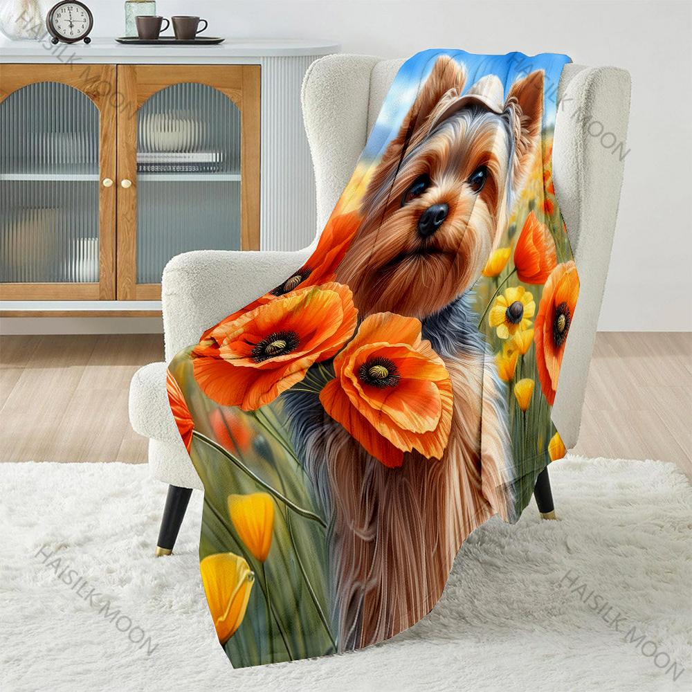 Yorkshire Terrier and Flowers Print Blanket Warm Soft Fluffy Kids and Adults Sofa Bed Throw Blanket for Home Travel Camping