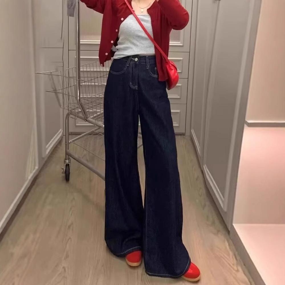 2025 A/W Women's Plus Size High Waist Micro Flare Dark Blue Jeans - Floor Length