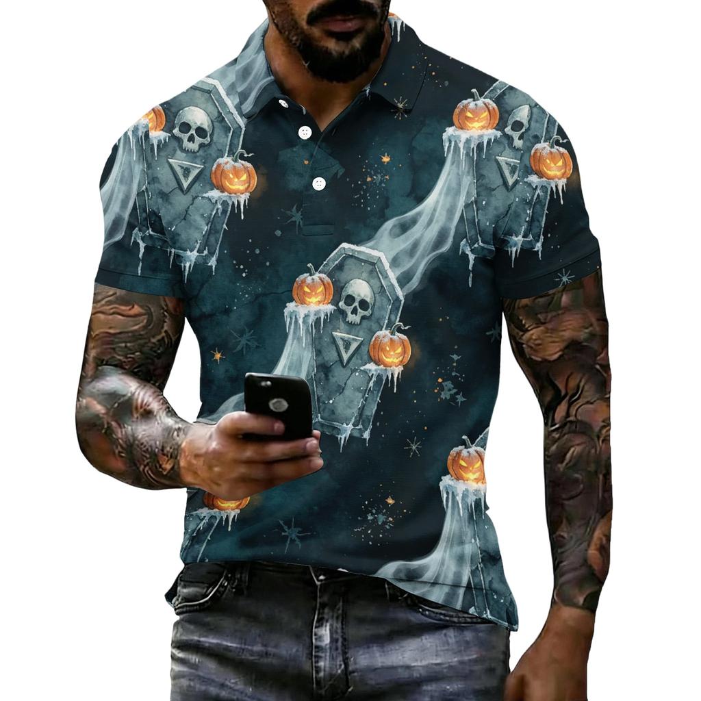 Men's Halloween Printed Short Sleeve Polo Shirt Loose Casual Summer Daily Wear Button Down Collar Top