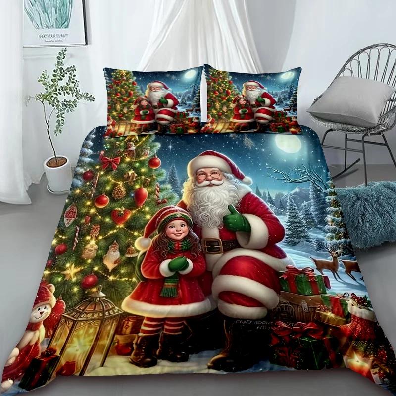 Cartoon Santa Claus Duvet Cover Elk Christmas Bedding Set With Zipper 1 Duvet Cover 2 Pillow Case Queen King Bedroom Decor