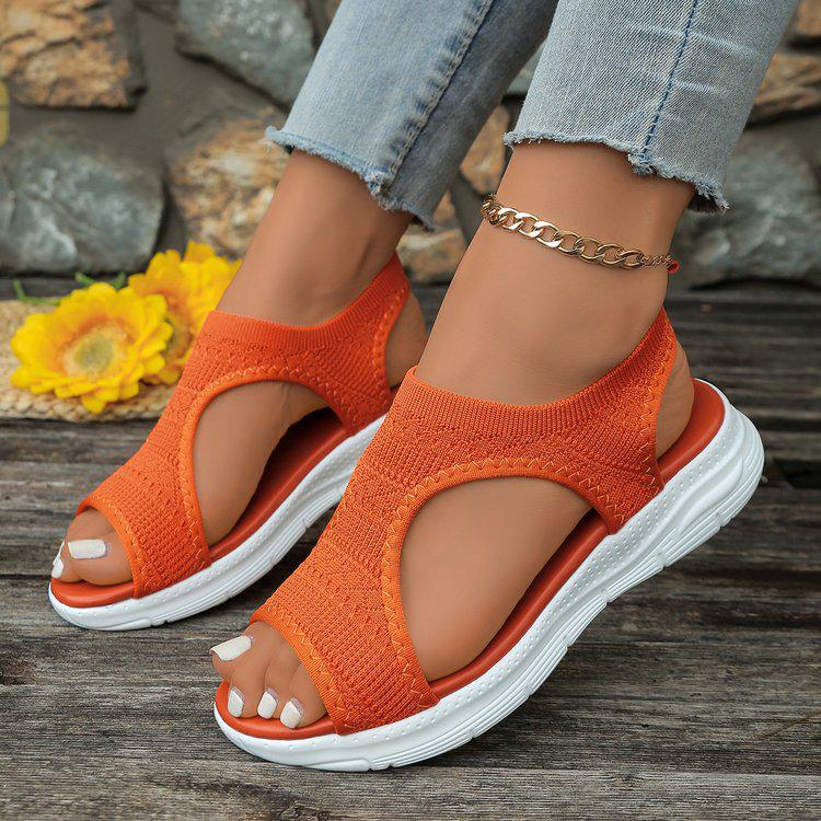 Women's Plus Size Breathable Knit Flat Sandals - European & American Casual Thick-Soled Beach Sandals
