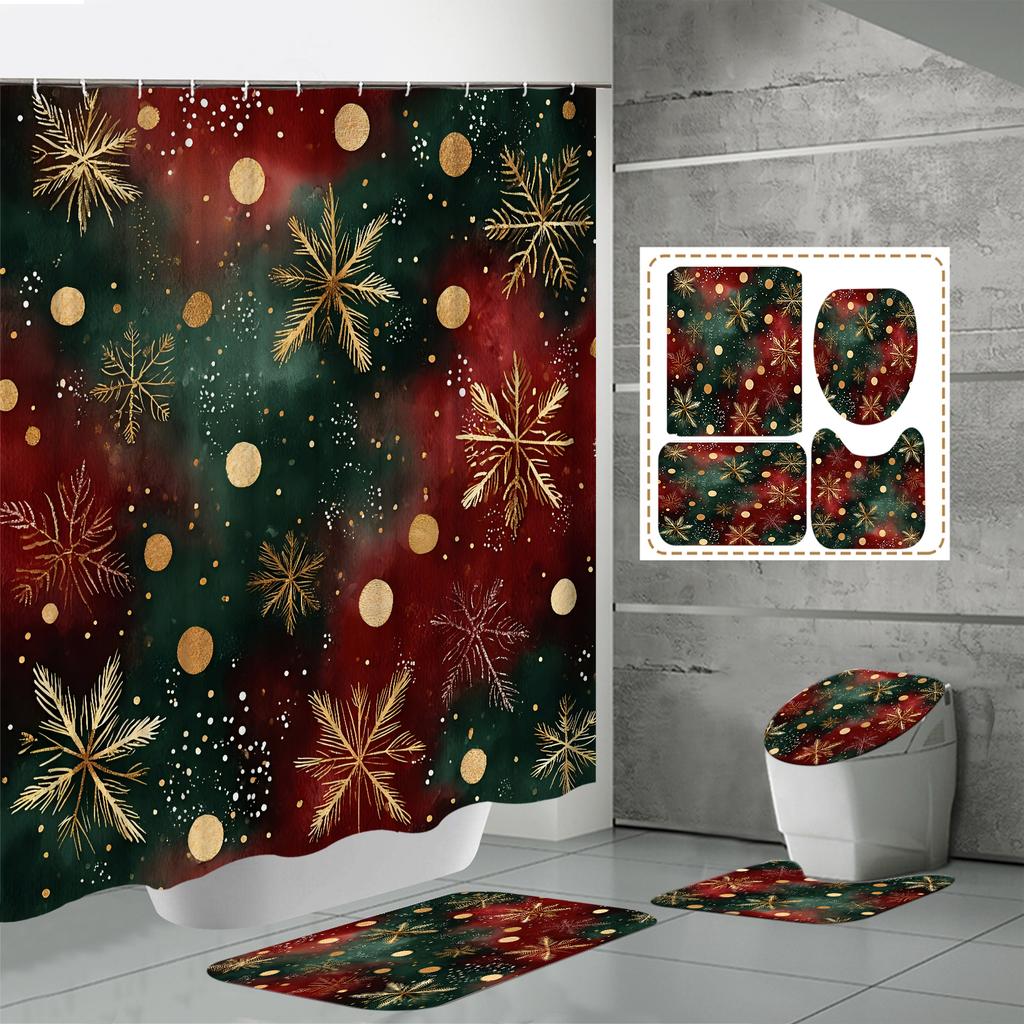 4PCS Shower Curtain Sets With Shower Curtain And Rugs Toilet Lid Rug U Shape Mat And Bath Mat Bathroom Set With 12 Hooks