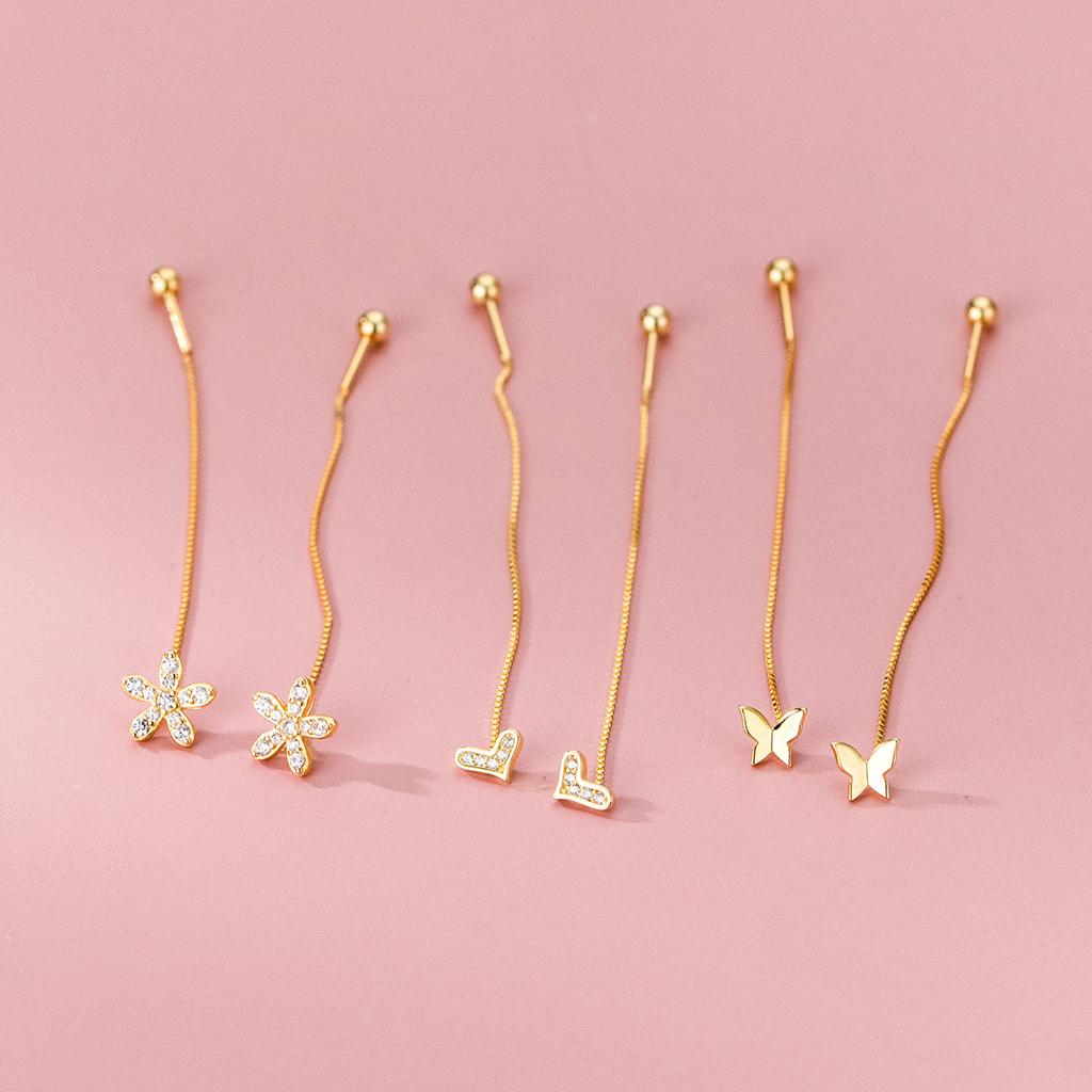 Fashion Jewelry 925 Sterling Silver Flower Heart butterfly Zircon Long Tassel Chain Gold Plated Ear Wire Earrings Women Girls