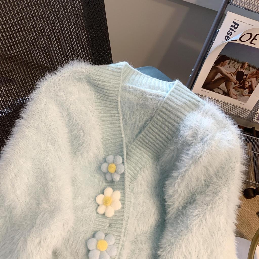 Jarní a podzimní pletený kardigan Imitace norkové fleecové mikiny Sladká barva bonbónu Květinový design Módní Malý invazivní temperament Dámský kabát