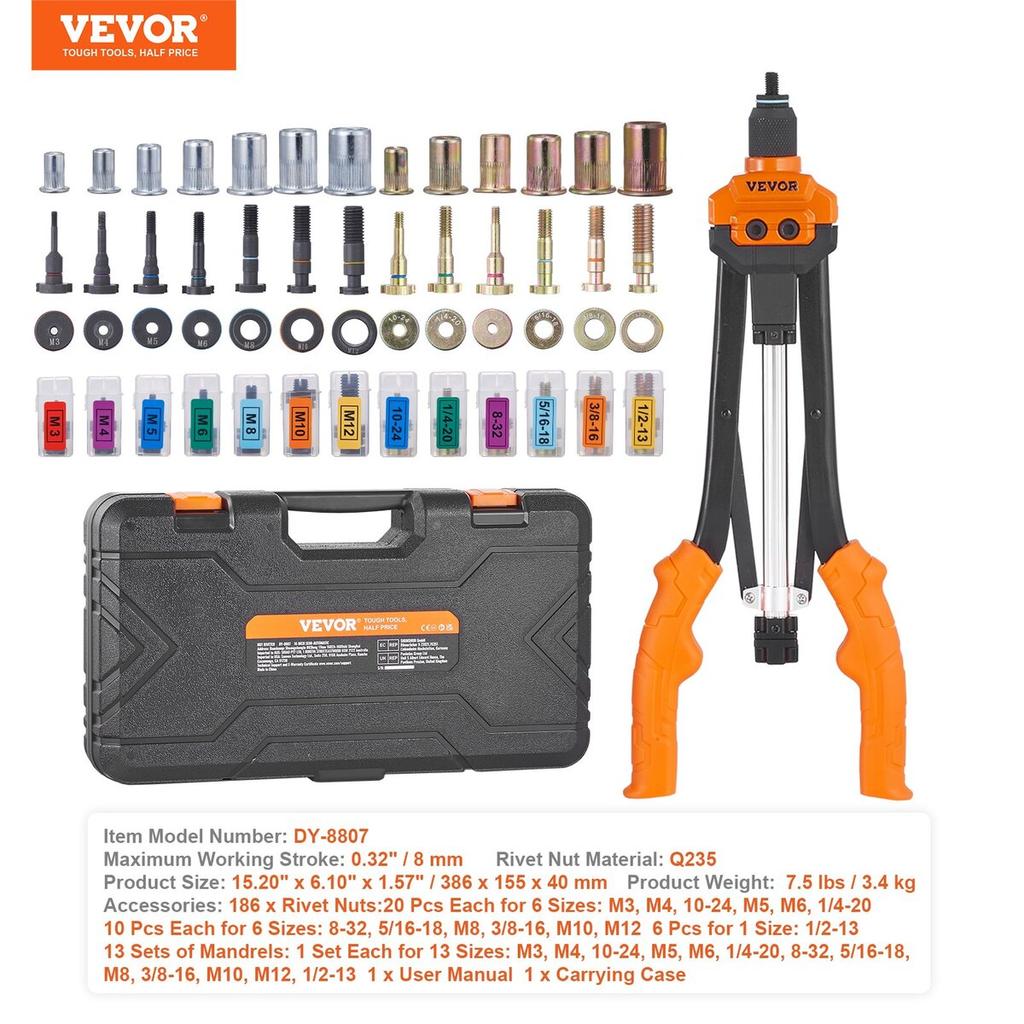 Rivet Nut Tool, 16” Rivnut Tool Kit with 13PCS Metric and SAE Mandrels, 186PCS Rivet Nuts, M3, M4, 10-24, M5, M6, 1/4-20, 8-32, 5/16-18, M8, 3/8-16,