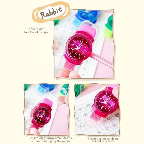 6Pcs Student Pencil Sharpener 3 In 1 Watch Shape Random Colors Pencil Cutter with Reel Eraser Brush